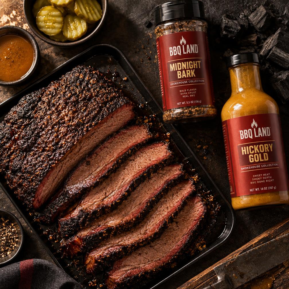 The Smokehouse Collection rub and mustard sauce beside sliced brisket